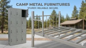 Grey powder-coated steel camp metal furniture setup with locker cabinets and a bunk bed frame, supporting heavy-duty labour and staff camps in UAE.