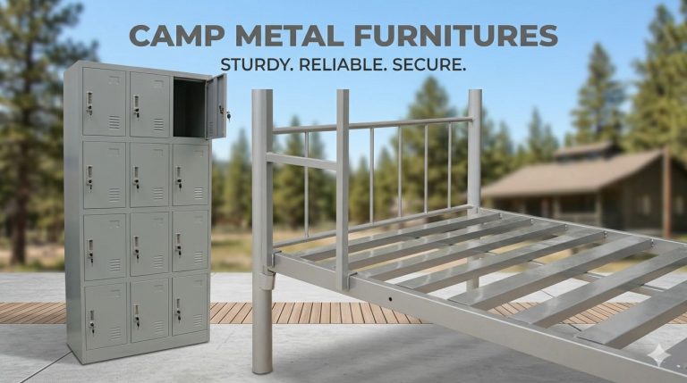 Grey powder-coated steel camp metal furniture setup with locker cabinets and a bunk bed frame, supporting heavy-duty labour and staff camps in UAE.